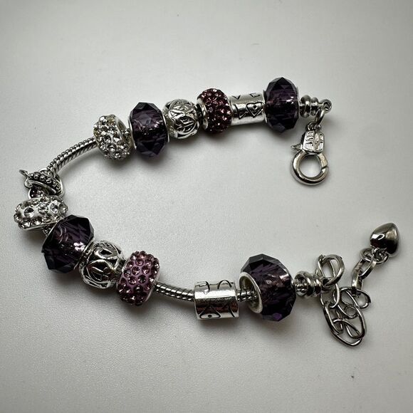 Pandora-style, silver tone purple glass, pink/white rhinestone beaded bracelet! - Picture 10 of 13